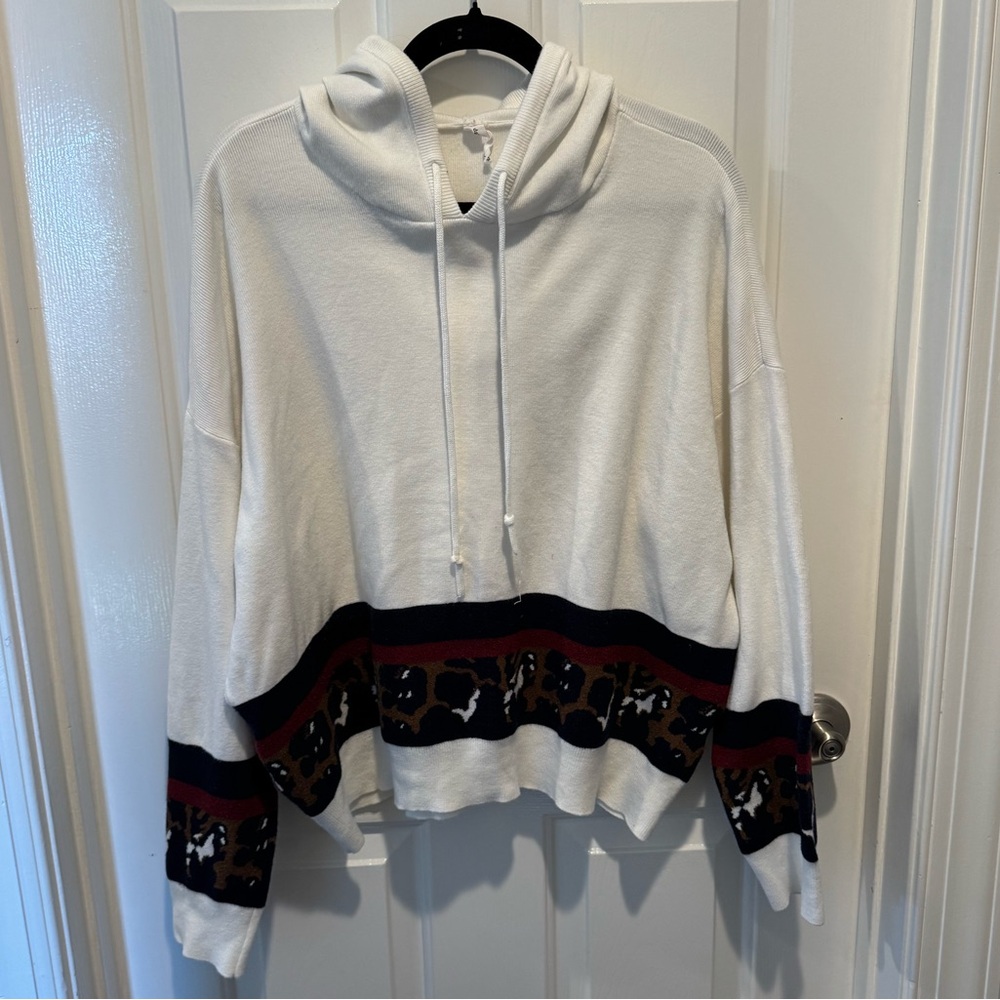 Anthropologie White Hoodie with Leopard Stripe Detail Size L